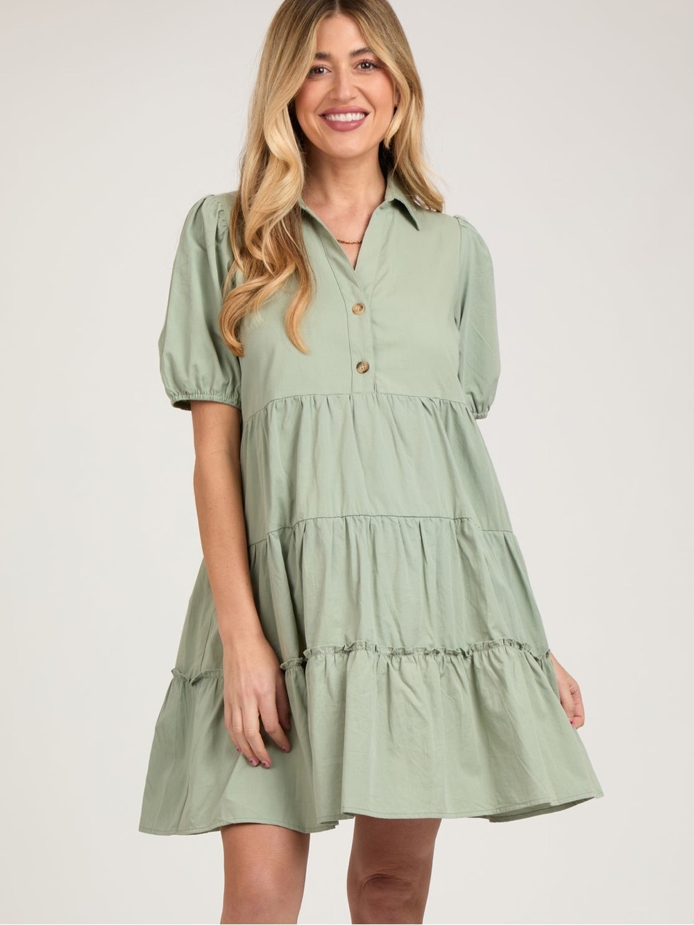 PinkBlush Elleborn Sage Green Tiered Dress Puff Sleeve Collared Button L NWT